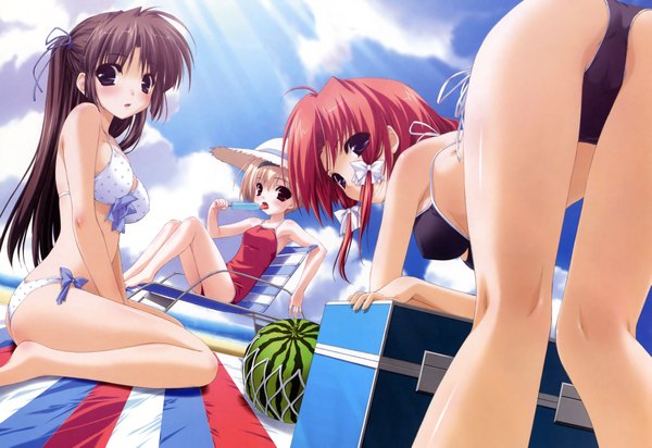 Anime picture 4461x3065 with kamipani (game) katase megumi kahara mizuki shintarou highres light erotic beach swimsuit hat bikini food berry (berries) popsicle watermelon amaizumimoriamekoyori no mikoto