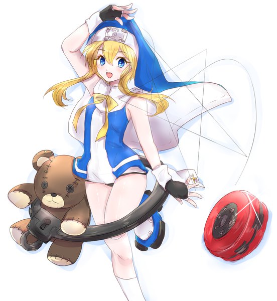 Anime picture 1016x1104 with guilty gear bridget (guilty gear) roger chemaru (a8l) single long hair tall image looking at viewer blush fringe open mouth blue eyes light erotic blonde hair simple background smile hair between eyes standing white background payot