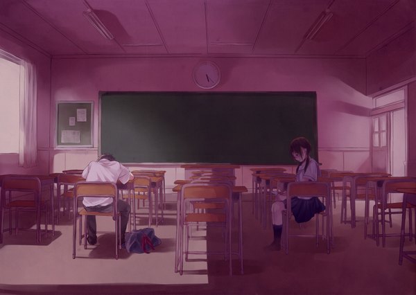 Anime picture 2000x1421 with original buuta long hair highres short hair brown hair sitting twintails holding purple hair profile pleated skirt from behind shadow couple tears crying classroom girl boy