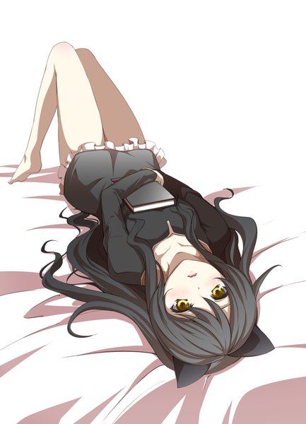 Anime picture 1555x2155 with rwby rooster teeth blake belladonna jijii48 single long hair tall image looking at viewer blush open mouth black hair simple background white background yellow eyes cleavage lying barefoot girl dress bow