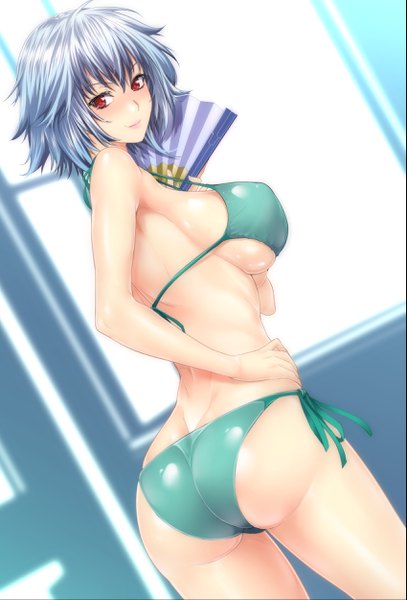 Anime picture 1698x2500 with infinite stratos 8bit sarashiki tatenashi zucchini single tall image looking at viewer blush fringe short hair breasts light erotic hair between eyes red eyes large breasts standing bare shoulders holding silver hair nipples