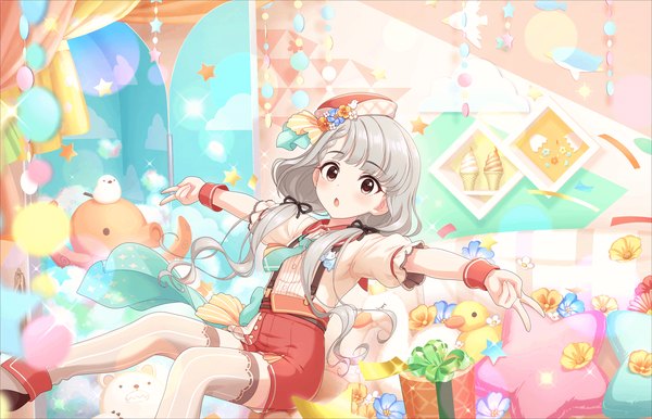 Anime picture 1280x824 with idolmaster idolmaster cinderella girls idolmaster cinderella girls starlight stage hisakawa nagi annindoufu (oicon) single long hair looking at viewer blush fringe smile twintails brown eyes bent knee (knees) grey hair low twintails victory girl hat socks