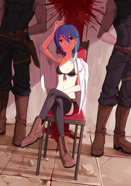 Anime picture 800x1131 with original gamma (geoffrey) tall image fringe short hair light erotic red eyes standing sitting blue hair looking away indoors bare belly crossed legs hands behind back floor girl thighhighs navel uniform