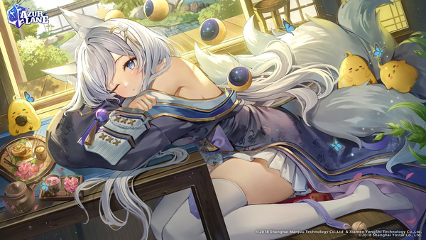 Anime picture 1200x675 with azur lane manjuu (azur lane) shinano (azur lane) auro drm single long hair looking at viewer blush fringe blue eyes wide image sitting bare shoulders animal ears silver hair full body bent knee (knees) indoors tail traditional clothes