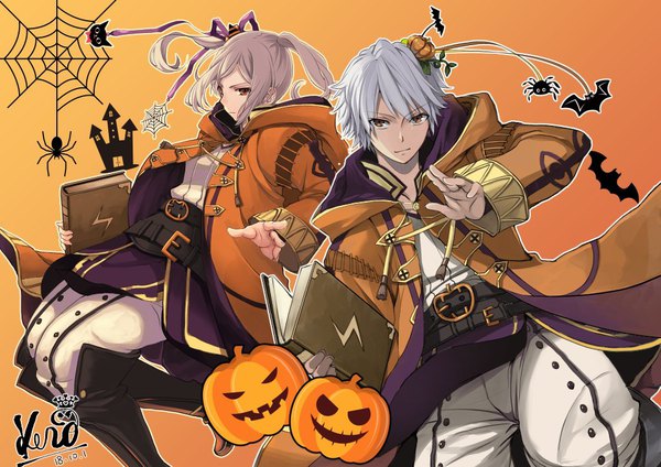 Anime picture 1020x722 with fire emblem fire emblem awakening robin (fire emblem) robin (fire emblem) (female) robin (fire emblem) (male) kero sweet long hair short hair red eyes twintails signed payot grey hair dated halloween dual persona girl boy hair ornament belt