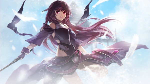 Anime picture 1889x1062 with sword art online a-1 pictures yuuki (sao) swd3e2 single long hair looking at viewer highres open mouth red eyes wide image purple hair cloud (clouds) girl skirt weapon sword armor building (buildings) headband