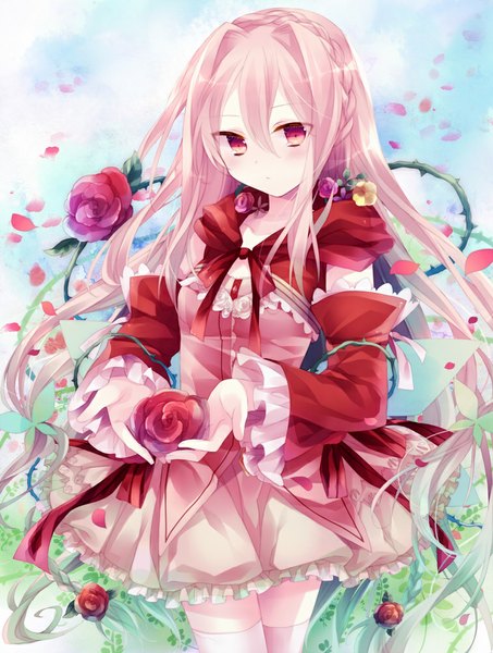Anime picture 756x1000 with lord of vermilion rishia ibara riato single long hair tall image blush red eyes pink hair girl thighhighs dress flower (flowers) detached sleeves petals white thighhighs frills rose (roses)