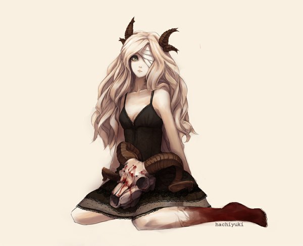 Anime picture 1030x837 with original hachiyuki single long hair looking at viewer simple background blonde hair sitting bare shoulders green eyes horn (horns) kneeling sheep (chinese zodiac) girl dress black dress blood eyepatch skull sign