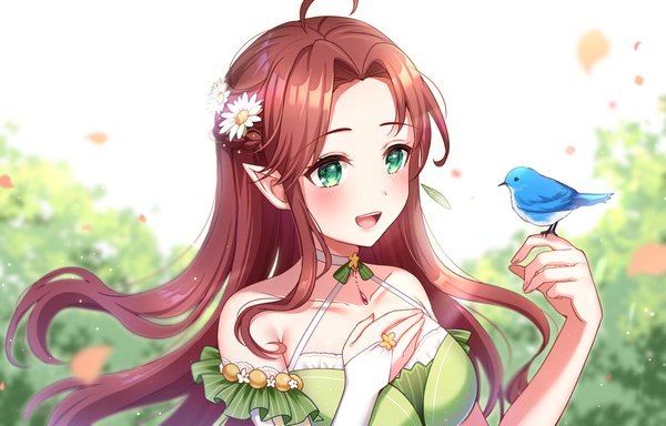 Anime picture 5108x3268 with virtual youtuber propro production hal rayon vert umishima rinta single long hair highres open mouth brown hair green eyes looking away absurdres upper body ahoge outdoors :d hair flower pointy ears hand on chest half updo