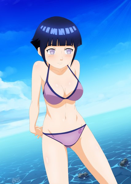 Anime picture 1365x1920 with naruto studio pierrot naruto (series) hyuuga hinata shugo19 single tall image blush short hair breasts light erotic purple eyes signed blue hair looking away sky light smile embarrassed hands behind back girl