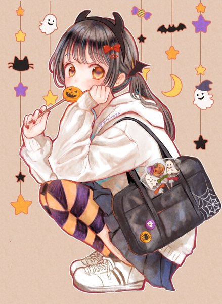 Anime picture 1050x1435 with original ginniroya single long hair tall image looking at viewer black hair brown eyes signed full body twitter username squat halloween head rest fake antlers girl thighhighs shoes hairclip star (symbol)