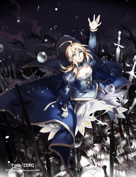 Anime picture 1000x1294 with fate (series) fate/zero type-moon artoria pendragon (all) saber star shadow magician single tall image fringe open mouth blonde hair green eyes rain death army girl dress weapon sword boots