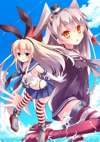Anime picture 1000x1414 with kantai collection shimakaze destroyer amatsukaze destroyer a flow long hair tall image blush blonde hair smile multiple girls yellow eyes sky cloud (clouds) white hair orange eyes two side up girl thighhighs skirt gloves