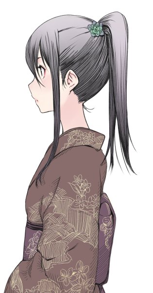 Anime picture 630x1200 with original shiro shougun single long hair tall image looking away ponytail traditional clothes japanese clothes profile hair flower grey hair grey eyes floral print girl hair ornament flower (flowers) scrunchie hair tie yukata