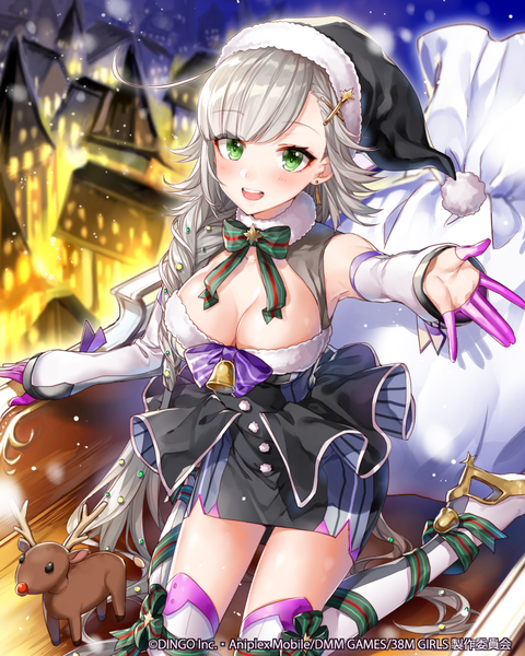 Anime picture 800x1000 with ragnastrike angels shirako miso single tall image looking at viewer blush fringe breasts open mouth light erotic smile large breasts green eyes cleavage outdoors blunt bangs braid (braids) long sleeves very long hair :d