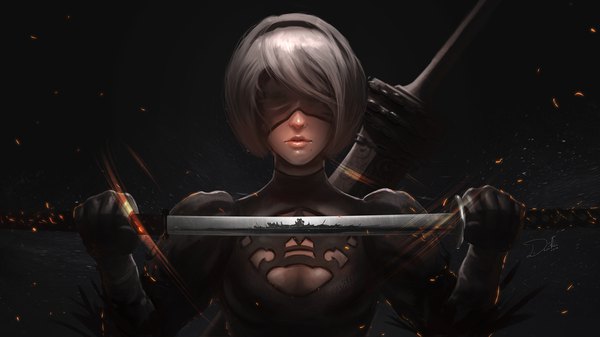 Anime picture 1920x1080 with nier nier:automata yorha no. 2 type b raivis draka single fringe highres short hair breasts simple background wide image holding signed silver hair upper body mole puffy sleeves black background cleavage cutout mole under mouth