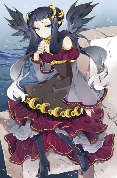Anime picture 736x1123 with revenge of dragoon ribedora long hair tall image fringe blue eyes black hair twintails bare shoulders blue hair looking away white hair multicolored hair night high heels night sky black wings crescent sad girl