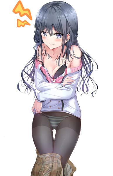 Anime picture 1880x2922 with masamune-kun no revenge silver link adagaki aki nyung single long hair tall image looking at viewer blush fringe highres breasts blue eyes light erotic black hair simple background hair between eyes white background bare shoulders payot