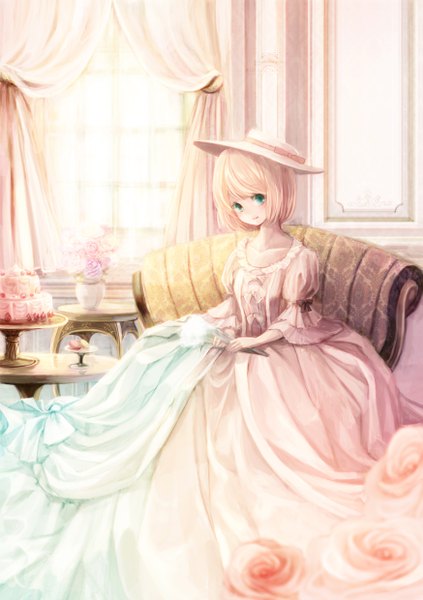 Anime picture 1748x2480 with original aka tonbo (lovetow) single tall image looking at viewer blush highres short hair blonde hair sitting green eyes light smile girl dress flower (flowers) hat food window white dress sweets
