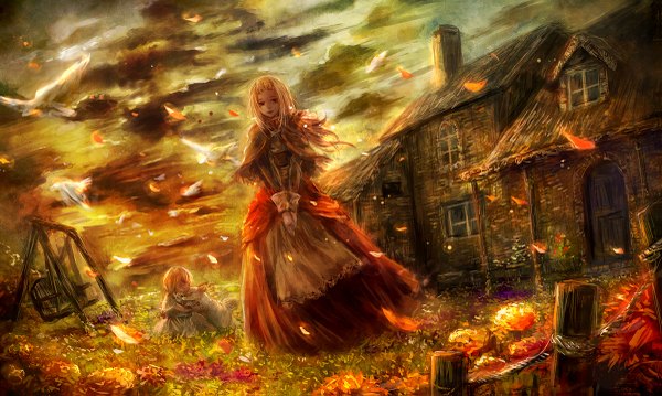 Anime picture 1200x719 with original 317/miiina (pixiv) long hair looking at viewer blonde hair wide image standing sky cloud (clouds) squat field girl dress flower (flowers) plant (plants) animal petals bird (birds) fire fence