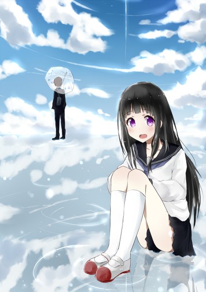 Anime picture 1000x1414 with hyouka kyoto animation chitanda eru oreki houtarou r star (artist) long hair tall image blush short hair open mouth black hair sitting purple eyes sky cloud (clouds) back transparent umbrella girl boy skirt