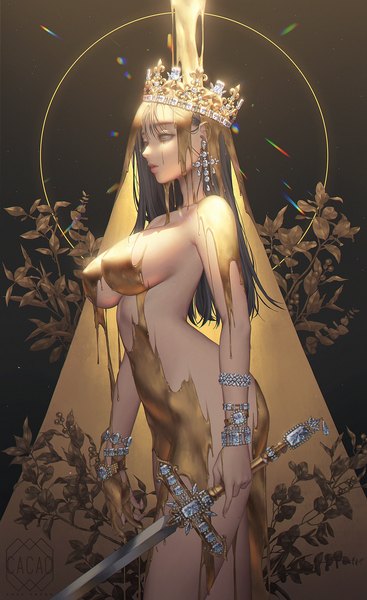 Anime picture 1224x2000 with original love cacao single long hair tall image fringe breasts light erotic simple background blonde hair large breasts standing holding signed yellow eyes looking away profile tears covered nipples dark background