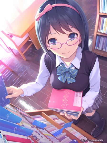 Anime picture 600x800 with ilog toosaka reo mana kakkowarai single long hair tall image looking at viewer blue eyes black hair girl thighhighs uniform black thighhighs school uniform glasses hairband bowtie book (books) vest sweater vest