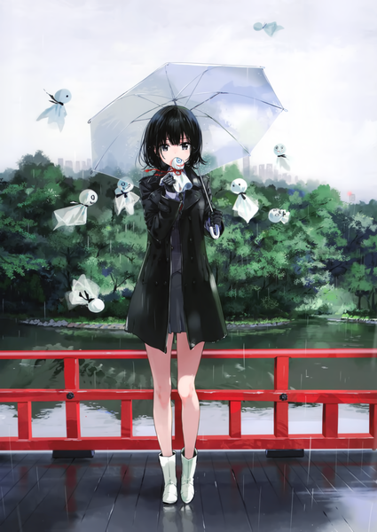 Anime picture 2424x3421 with original tiv single tall image looking at viewer fringe highres short hair black hair hair between eyes standing holding full body blunt bangs long sleeves black eyes scan bare legs reflection rain