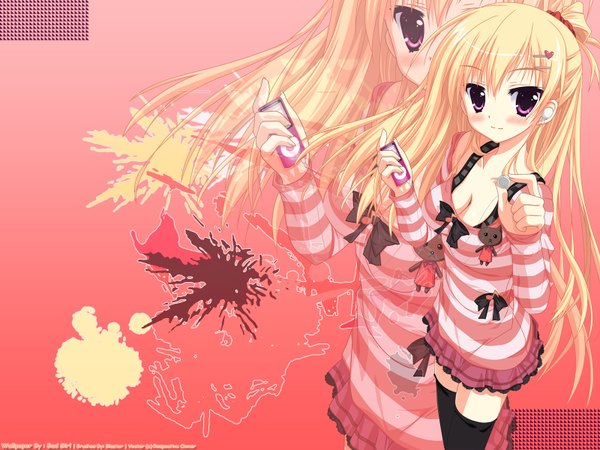 Anime picture 1600x1200 with ipod tagme (artist) single long hair light erotic blonde hair purple eyes striped zoom layer girl thighhighs hair ornament headphones bobby pin heart hair ornament