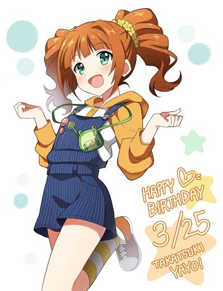 Anime picture 800x1041 with idolmaster takatsuki yayoi mauve single tall image blush fringe short hair open mouth brown hair twintails green eyes character names drill hair short twintails happy birthday girl socks star (symbol) scrunchie