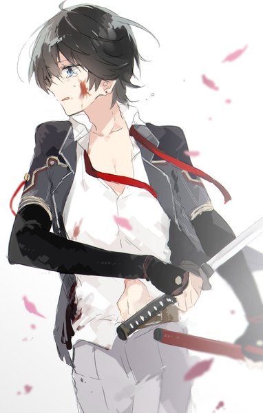 Anime picture 600x940 with touken ranbu nitroplus horikawa kunihiro sino (sionori) single tall image short hair blue eyes black hair simple background white background looking away parted lips profile wind bare belly piercing ear piercing open collar blood on face
