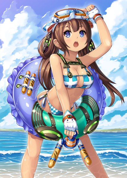 Anime picture 857x1200 with original yato (pondel) single long hair tall image blush breasts blue eyes light erotic brown hair holding sky cloud (clouds) leaning leaning forward legs beach dark skin looking up horizon