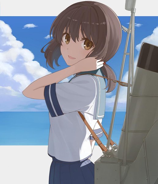 Anime picture 800x928 with kantai collection fubuki destroyer nananichi single tall image looking at viewer fringe short hair smile hair between eyes brown hair standing brown eyes payot sky cloud (clouds) parted lips looking back short sleeves adjusting hair