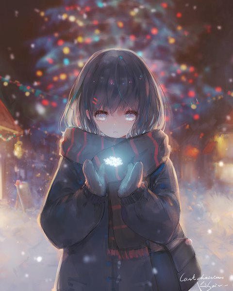 Anime picture 1042x1302 with original kisei2 single tall image fringe short hair black hair hair between eyes standing signed outdoors long sleeves parted lips blurry depth of field glowing looking down snowing christmas winter