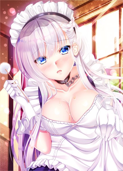 Anime picture 1000x1391 with azur lane belfast (azur lane) yuuzuki hijiri single long hair tall image looking at viewer blush fringe breasts open mouth blue eyes light erotic hair between eyes large breasts standing holding cleavage silver hair indoors