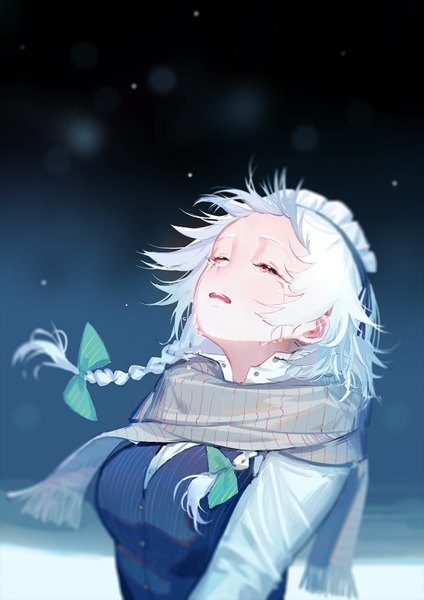 Anime picture 1116x1578 with touhou izayoi sakuya hoshimawa single long hair tall image blush open mouth upper body white hair braid (braids) tears twin braids snowing dark background snow eyebrows open collar crying girl