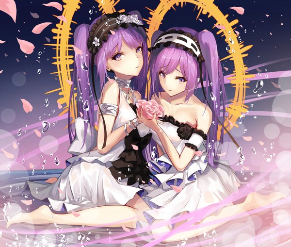 Anime picture 1060x900 with fate (series) fate/hollow ataraxia euryale (fate) stheno augu (523764197) long hair looking at viewer blush fringe hair between eyes sitting purple eyes twintails bare shoulders multiple girls holding payot purple hair head tilt barefoot