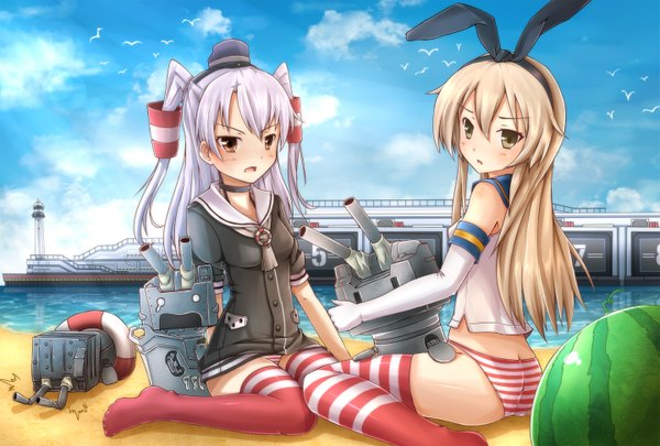 Anime picture 1440x974 with kantai collection shimakaze destroyer rensouhou-chan amatsukaze destroyer rensouhou-kun kaiyi long hair looking at viewer blush light erotic blonde hair brown hair sitting multiple girls sky silver hair cloud (clouds) two side up no shoes beach