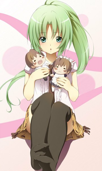 Anime picture 600x1000 with higurashi no naku koro ni studio deen sonozaki mion maebara keiichi hinamizawa (hina-sawa) single long hair tall image looking at viewer blush short hair brown hair sitting holding green eyes ponytail parted lips pleated skirt green hair maid