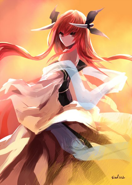 Anime picture 826x1157 with date a live itsuka kotori swd3e2 single long hair tall image looking at viewer fringe red eyes standing bare shoulders red hair wind teeth fang (fangs) girl hair ornament