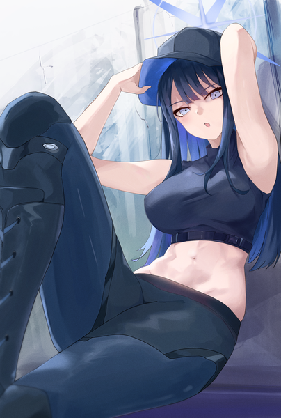 Anime-Bild 2480x3684 mit blue archive saori (blue archive) chankuro single long hair tall image looking at viewer highres open mouth blue eyes black hair sitting blue hair multicolored hair arms up two-tone hair :o midriff sleeveless colored inner hair