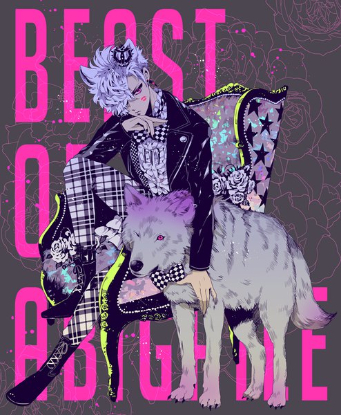 Anime picture 800x971 with abigaile no kemono-tachi roy (abigaile no kemono-tachi) naki ringo single tall image fringe short hair sitting animal ears silver hair full body bent knee (knees) head tilt one eye closed pink eyes wink hair over one eye grey background open jacket leaning