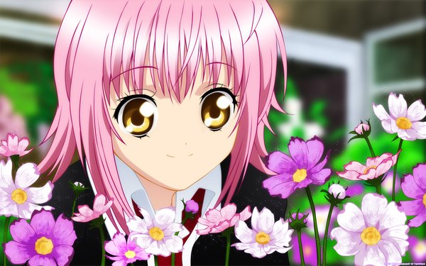 Anime picture 1920x1200 with shugo chara! hinamori amu single fringe highres short hair smile wide image yellow eyes pink hair wallpaper portrait close-up vector girl flower (flowers) cosmos (flower)