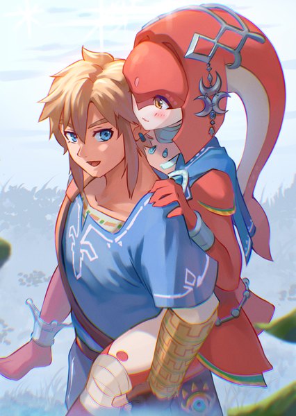 Anime picture 2000x2818 with the legend of zelda the legend of zelda: breath of the wild nintendo link mipha saburou (jako) tall image blush fringe highres short hair open mouth blue eyes blonde hair hair between eyes yellow eyes :d carrying piggyback girl