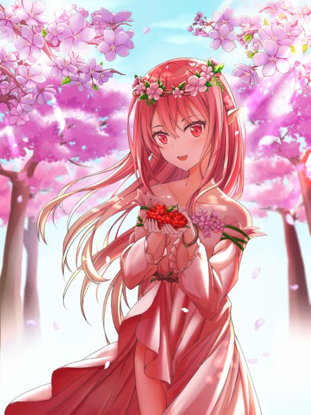 Anime picture 3857x5143 with original star-ring single long hair tall image looking at viewer blush fringe highres open mouth smile hair between eyes standing bare shoulders holding payot pink hair absurdres sky outdoors