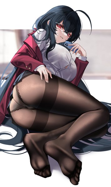 Anime picture 1500x2530 with azur lane taihou (azur lane) taihou (sweet time after school) (azur lane) eternity (shadeh) single long hair tall image looking at viewer fringe breasts light erotic black hair simple background hair between eyes red eyes large breasts holding full body ahoge bent knee (knees)