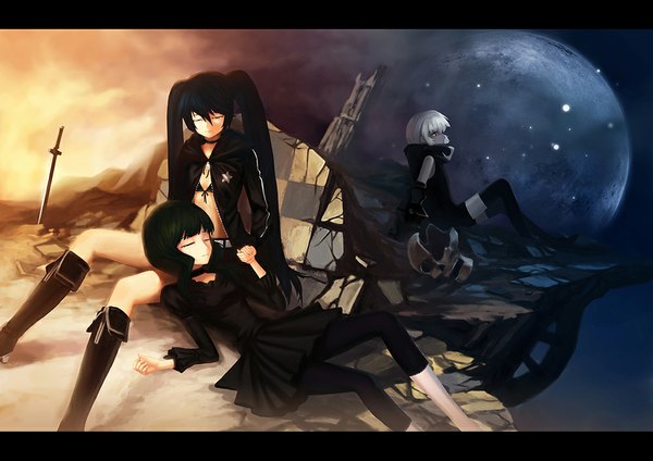 Anime picture 1000x707 with black rock shooter black rock shooter (character) dead master strength (black rock shooter) long hair short hair blue eyes black hair sitting twintails multiple girls white hair eyes closed holding hands framed trio girl thighhighs dress weapon