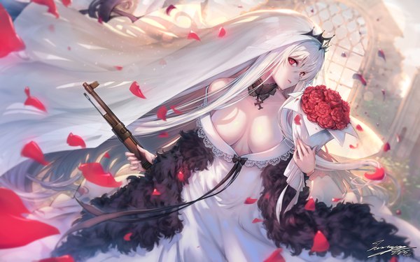 Anime picture 4000x2500 with girls frontline kar98k (girls frontline) tama yu single long hair looking at viewer fringe highres breasts light erotic hair between eyes red eyes large breasts standing bare shoulders holding signed absurdres white hair parted lips
