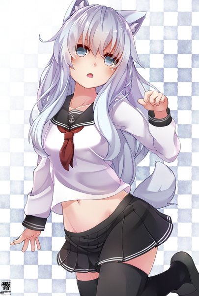 Anime picture 4724x6992 with kantai collection hibiki destroyer hibiki zerocodo single long hair tall image looking at viewer blush fringe highres breasts open mouth hair between eyes standing signed animal ears absurdres silver hair bent knee (knees) tail