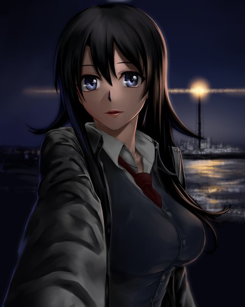 Anime picture 1280x1600 with yahari ore no seishun love comedy wa machigatteiru. brains base (studio) hiratsuka shizuka shisshou senkoku single long hair tall image looking at viewer open mouth blue eyes black hair night open clothes open jacket girl jacket lighthouse